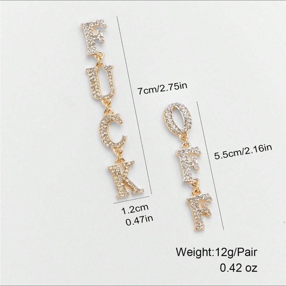 Gold Rhinestone Letter Dangle Punk Fashion F*uck Off Earrings - Picture 3 of 3